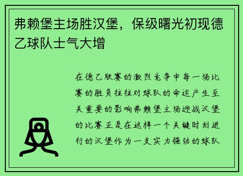 弗赖堡主场胜汉堡，保级曙光初现德乙球队士气大增