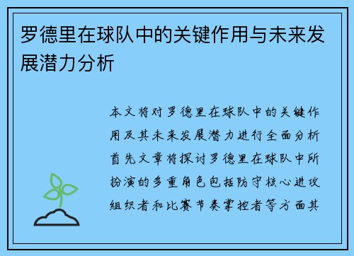 罗德里在球队中的关键作用与未来发展潜力分析