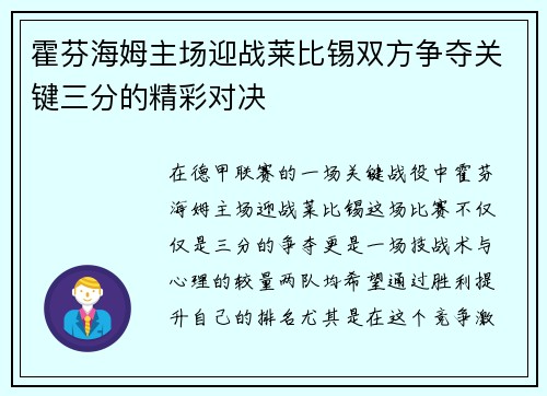 霍芬海姆主场迎战莱比锡双方争夺关键三分的精彩对决